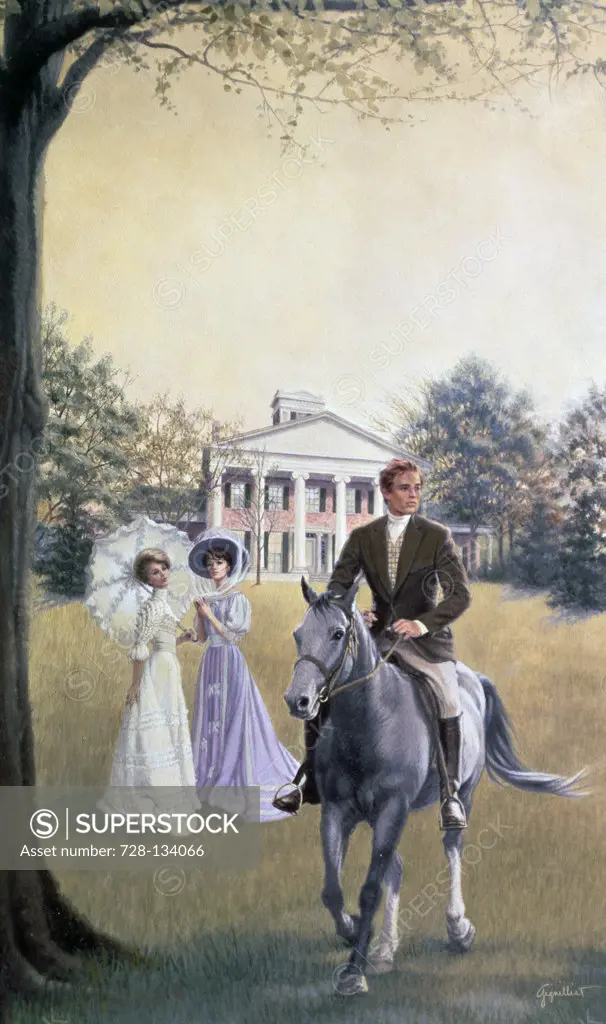 Man riding a horse with two women in the background