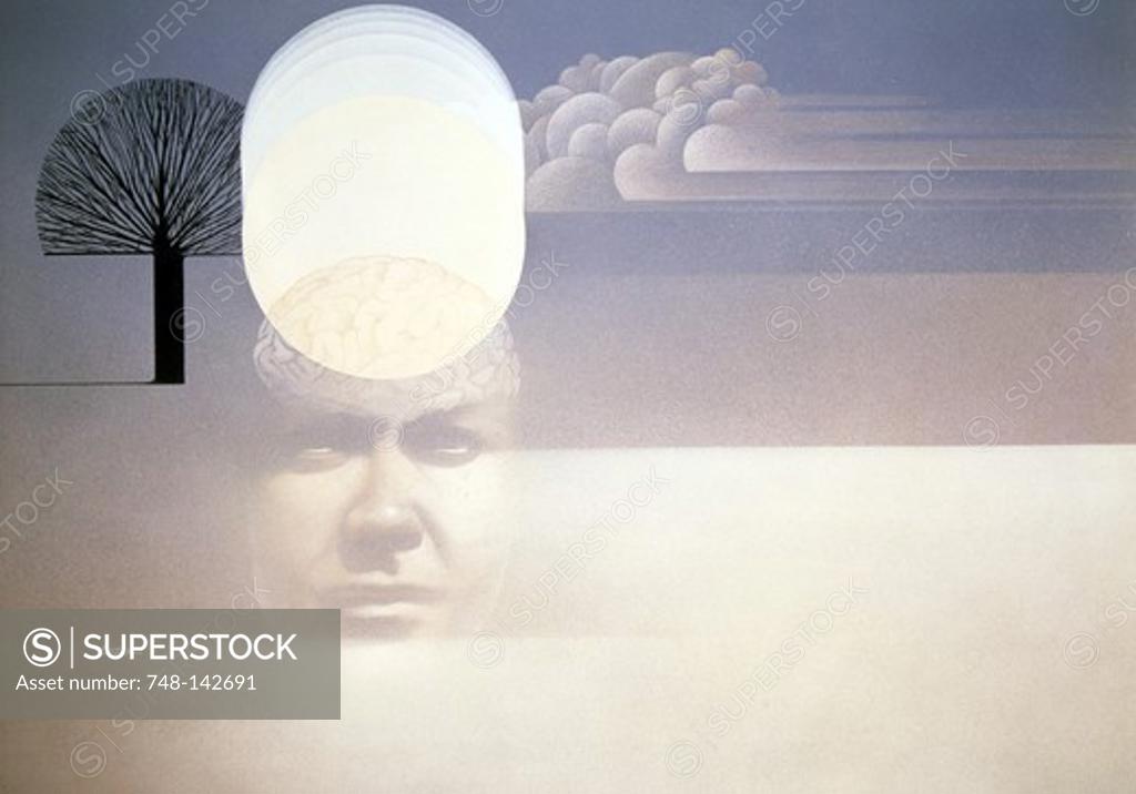 Stock Photo: 748-142691 Abstract collage with man face cloud and lonely tree