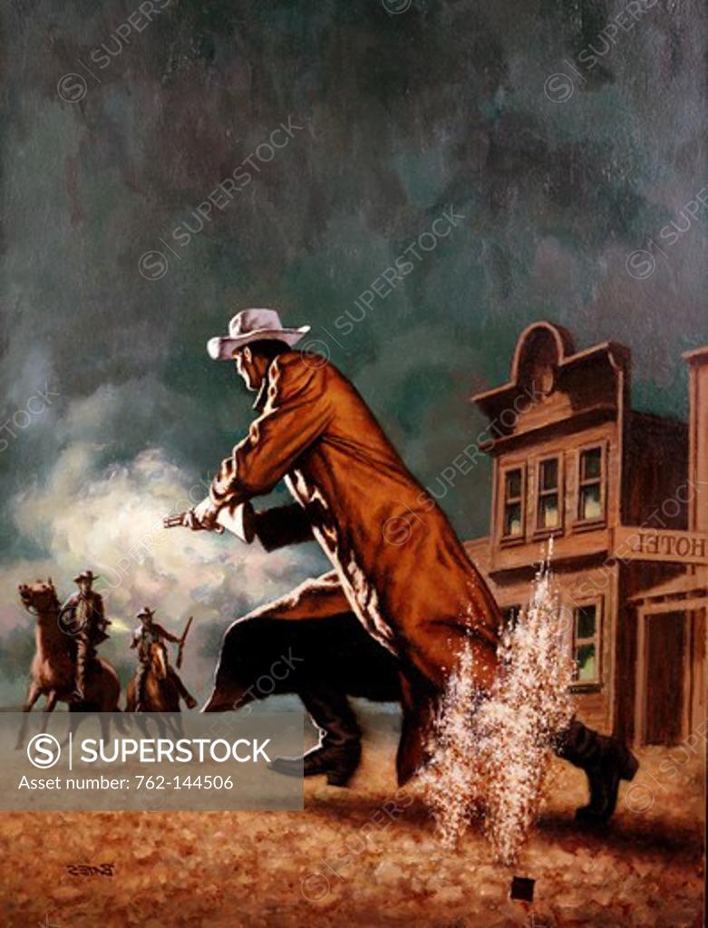 Stock Photo: 762-144506 Cowboys gunfighting in front of a building