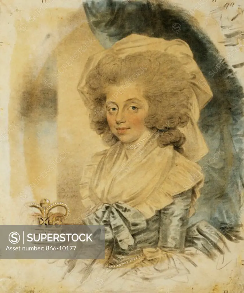 Portrait of Queen Charlotte, Small Half Length Wearing a Blue and White Dress, Her Crown Beside Her. John Downman (1750-1824). Pencil, watercolour and stump with touches of white heightening. Signed and dated 1787. 21.6 x 17.5cm.