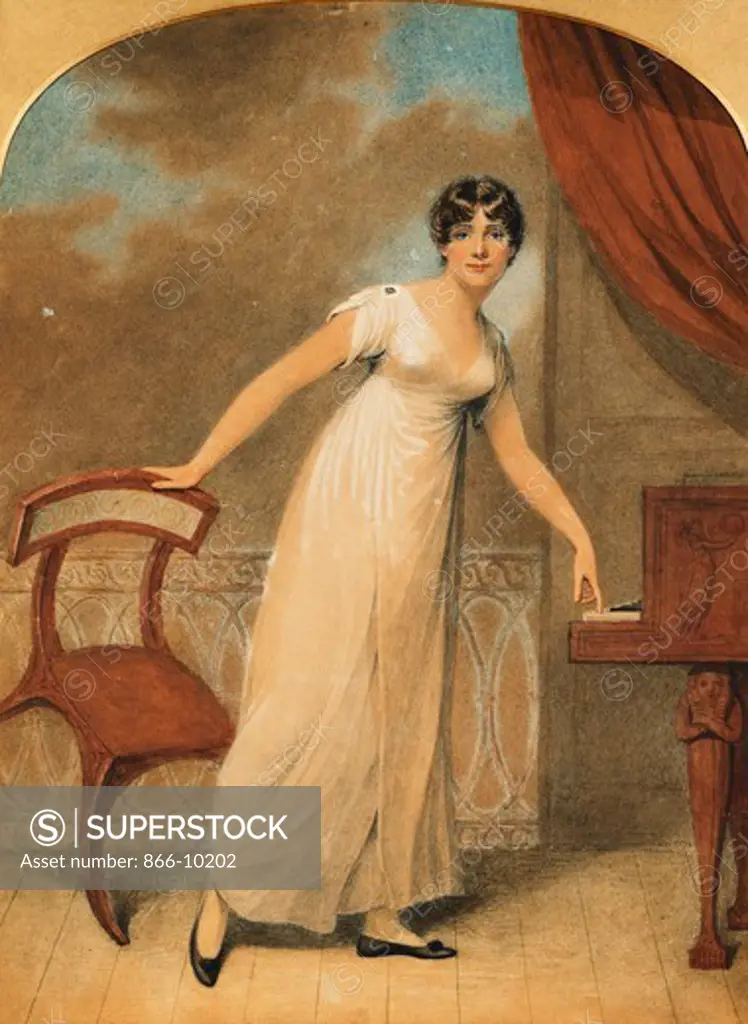 Portrait of a Lady, standing full length in a White Dress by a Piano. Adam Buck (1759-1833). Pencil and watercolour heightened with white. Dated 1801. 35.6 x 26.4cm.