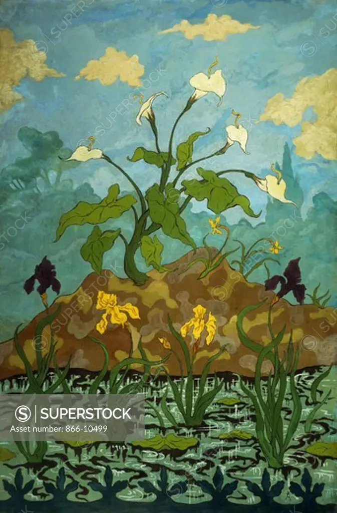 Lilies, Purple and Yellow Irises; Aromes, Iris Violets et Jaunes. Paul Ranson (1863-1909). 2 of 4 decorative panels commissioned byCharles Dejean for his dining room in Sete. Oil on canvas, 1899. 245.7 x 163.9cm