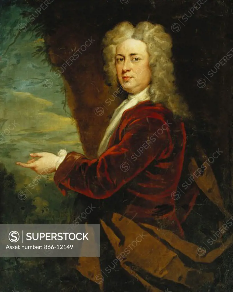 Portrait of a Gentleman, Standing Half Length, Wearing a Red Velvet Jacket and a Brown Cloak in a Park. Godfrey Kneller (1646-1723). Oil on canvas. 111.1 x 94cm.