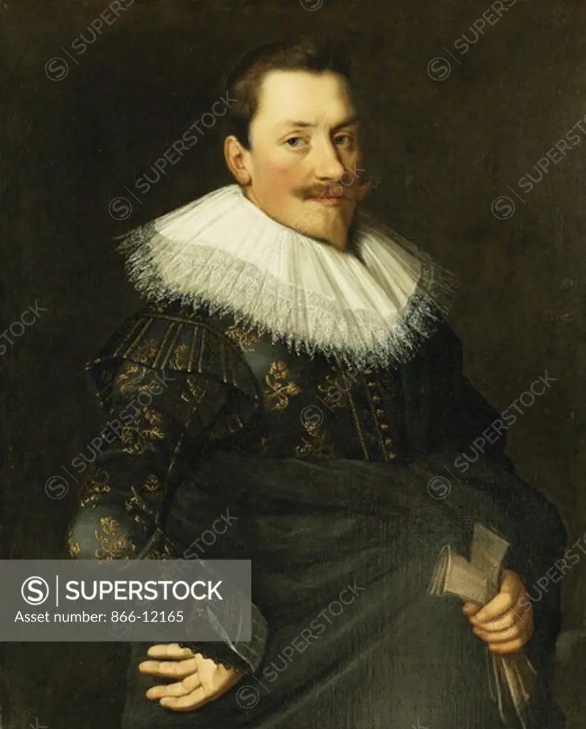 Portrait of a Gentleman, Standing Half Length, Wearing a Blue Costume with Gold Embroidery and a White Lace Collar. Attributed to Paulus Moreelse (1571-1638). Oil on canvas. 91.1 x 79.1cm.