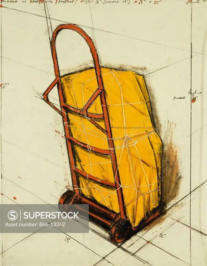 Package on Handtruck (Project). Christo (b. 1935). Mixed media on paper. Dated 1974. 72 x 57cm.