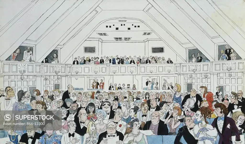 An Audience at Glyndebourne, 1969: Cover Design for the Programme. Osbert Lancaster (1908-1986). Watercolour, bodycolour, pen and brush and pencil heightened with white. 34.5 x 52cm.