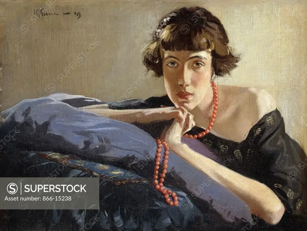 Portrait of a Girl with a Red Bead Necklace. Sir Herbert James Gunn (1893-1964). Oil on canvas, Signed and dated 1919. 18 x 23 1/2in