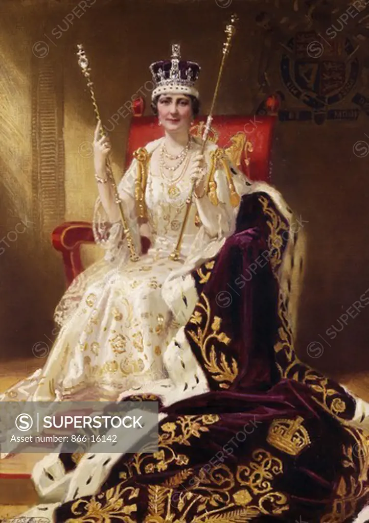 Portrait of H.M. Queen Elizabeth, seated full length, in Coronation Robes.  Frank O. Salisbury (1874-1962). Oil on canvas. Signed and dated 1937. 76.2 x 55.9cm