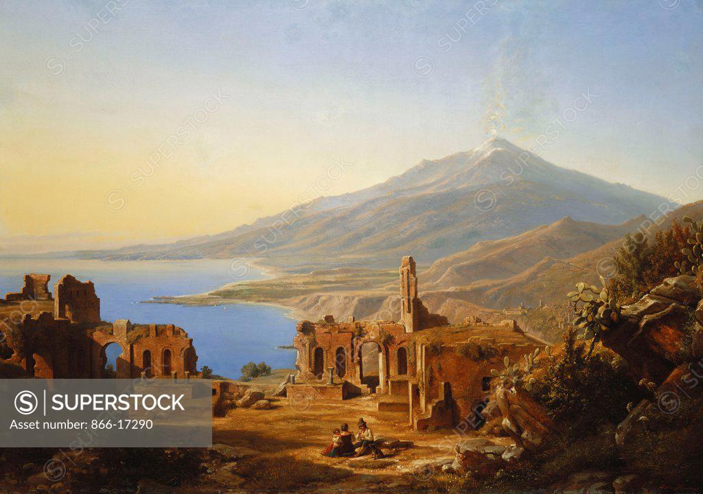 Stock Photo: 866-17290 Teatro Greco, Taormina, with Etna beyond. Karl Robert Kummer (1810-1889). Oil on canvas. Signed and dated 1852. 117.5 x 169cm.