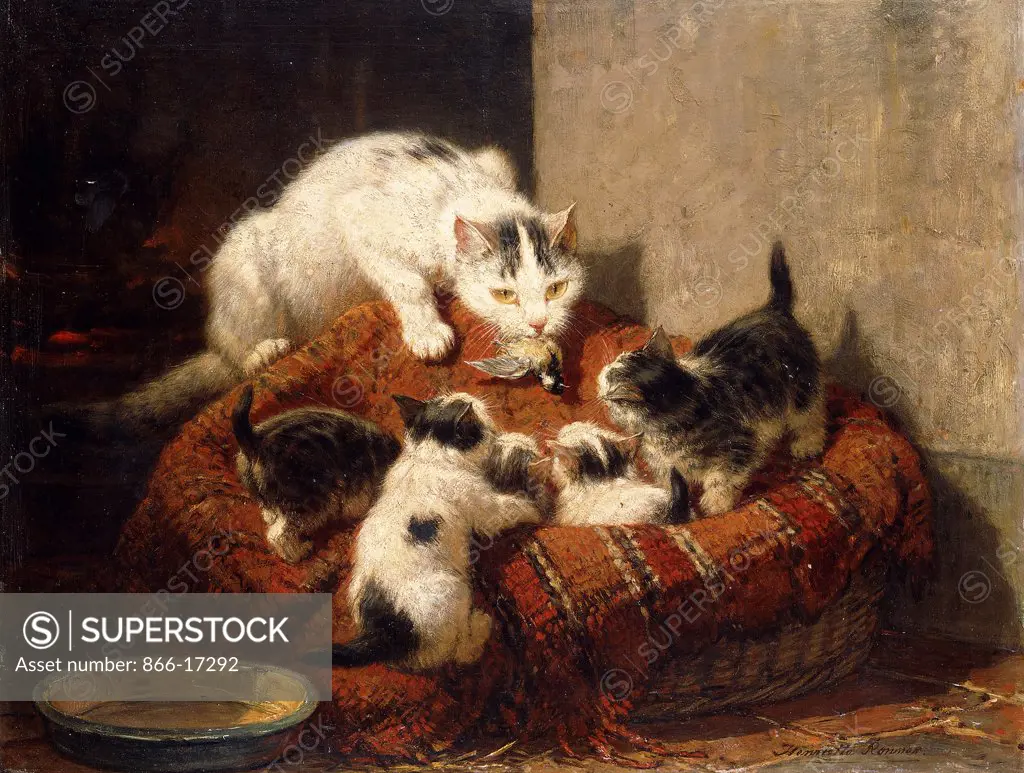 A Feathered Gift. Henriette Ronner-Knip (1821-1909). Oil on panel. 36.9 x 47.3cm