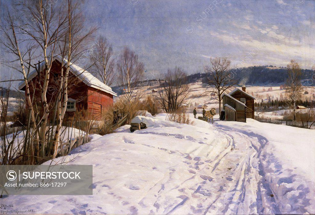 Stock Photo: 866-17297 A Winter Landscape, Lillehammer. Peder Monsted (1859-1941). Oil on canvas. Dated 1922. 60.5 x 101cm