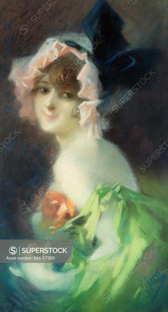 Stock Photo: 866-17300 Woman with Gloves; Femme aux Gants. Jules Cheret (1836-1932). Pastel on paper. 46 x 27cm.