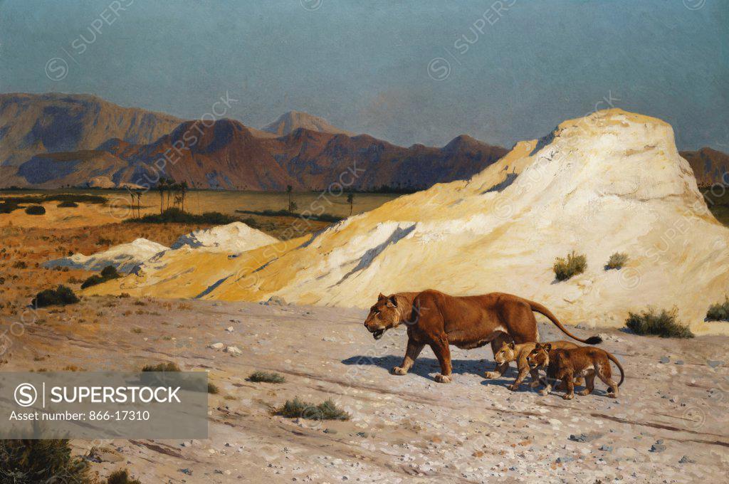 Stock Photo: 866-17310 Lioness and Cubs; Lionne et Lioceaux. Jean Leon Gerome (1824-1904). Oil on canvas. 67.5 x 100.5cm.