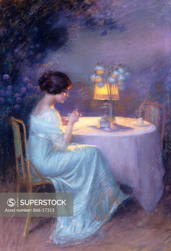 Stock Photo: 866-17313 A Moment of Solitude.  Delphin Enjolras (1857-1945). Pastel heightened with gold on canvas. 91.5 x 64cm.