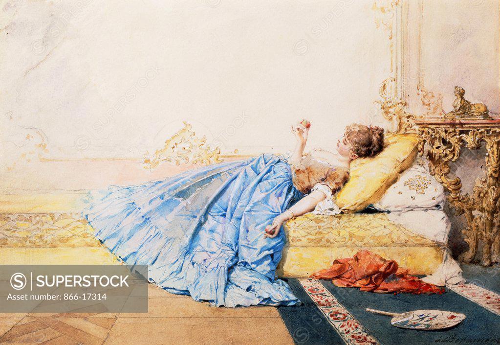 Stock Photo: 866-17314 A Pensive Moment. Charles Edouard de Beaumont (1812-1888). Pencil and watercolour on card. 26 x 38cm.