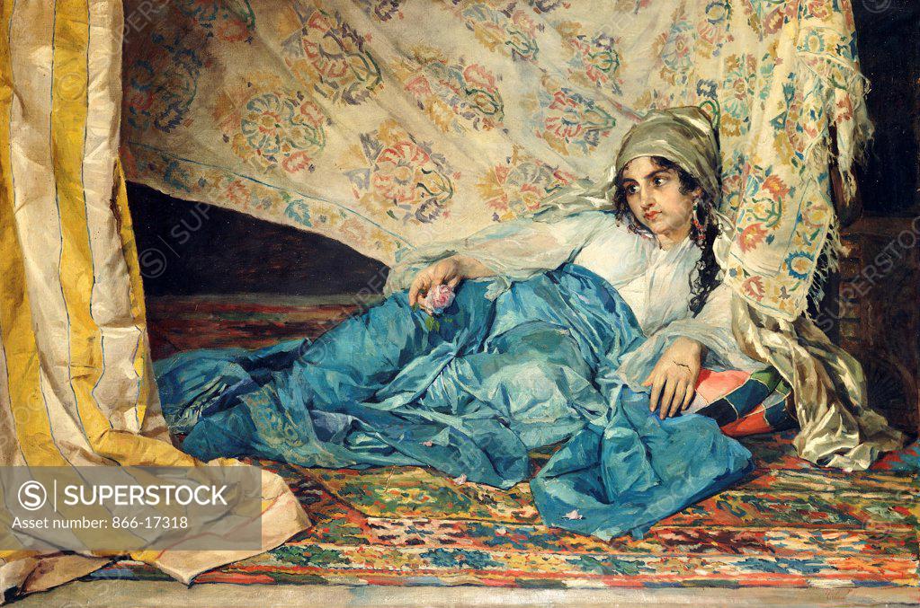 Stock Photo: 866-17318 An Odalisque. Jose Cala y Moya (1850-1879). Oil on canvas. 80 x 120cm.
