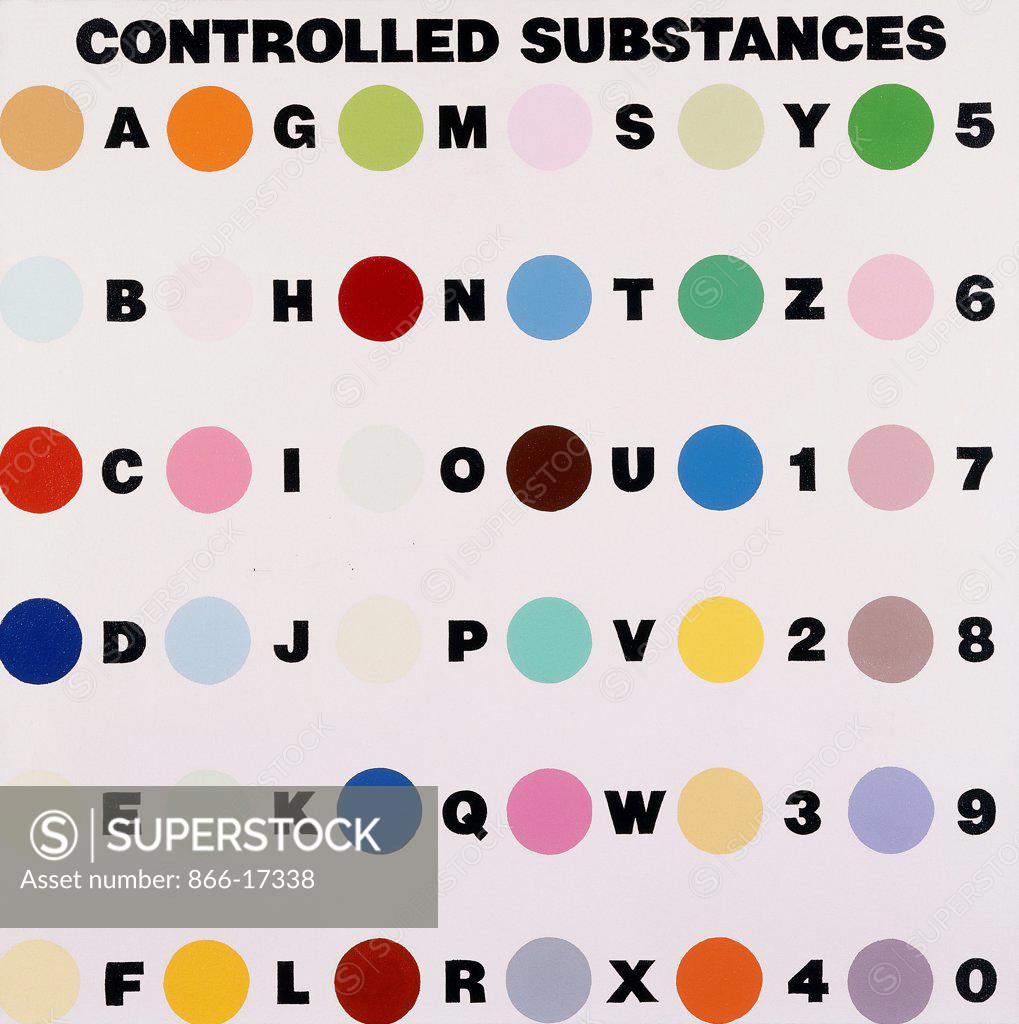 Stock Photo: 866-17338 Controlled Substances key Painting 3 Spot. Damien Hirst (b.1965). Gloss houshold paint on canvas. Executed in 1994. 91.7 x 91.7cm.