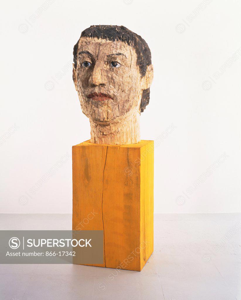Stock Photo: 866-17342 Large Head. Stephen Balkenhol (b.1957). Poplar wood and paint. Executed in 1993. 244 x 94 x 94cm.