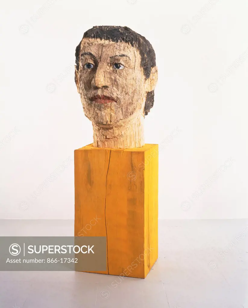 Large Head. Stephen Balkenhol (b.1957). Poplar wood and paint. Executed in 1993. 244 x 94 x 94cm.