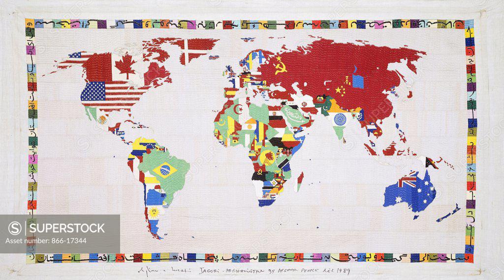 Stock Photo: 866-17344 Map of the World; Mappa del Mundo. Alighiero Boetti (1940-1994). Embroidered fabric. Executed in 1989. 121 x 223cm.