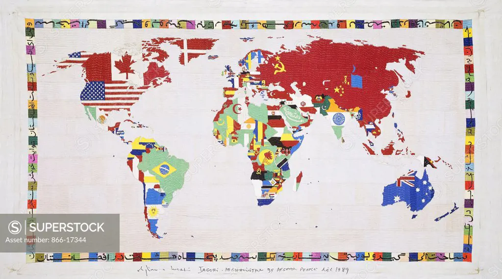 Map of the World; Mappa del Mundo. Alighiero Boetti (1940-1994). Embroidered fabric. Executed in 1989. 121 x 223cm.