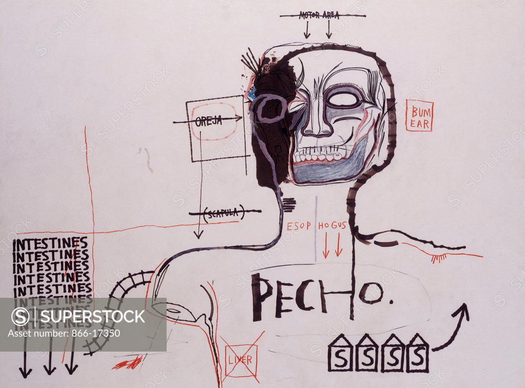 Stock Photo: 866-17350 Untitled. Jean Michel Basquiat (1960-1988). Acrylic, coloured felt-tip pen, coloured crayon, charcoal, graphite and gouache. Executed in 1983. 76.2 x 101.6cm.