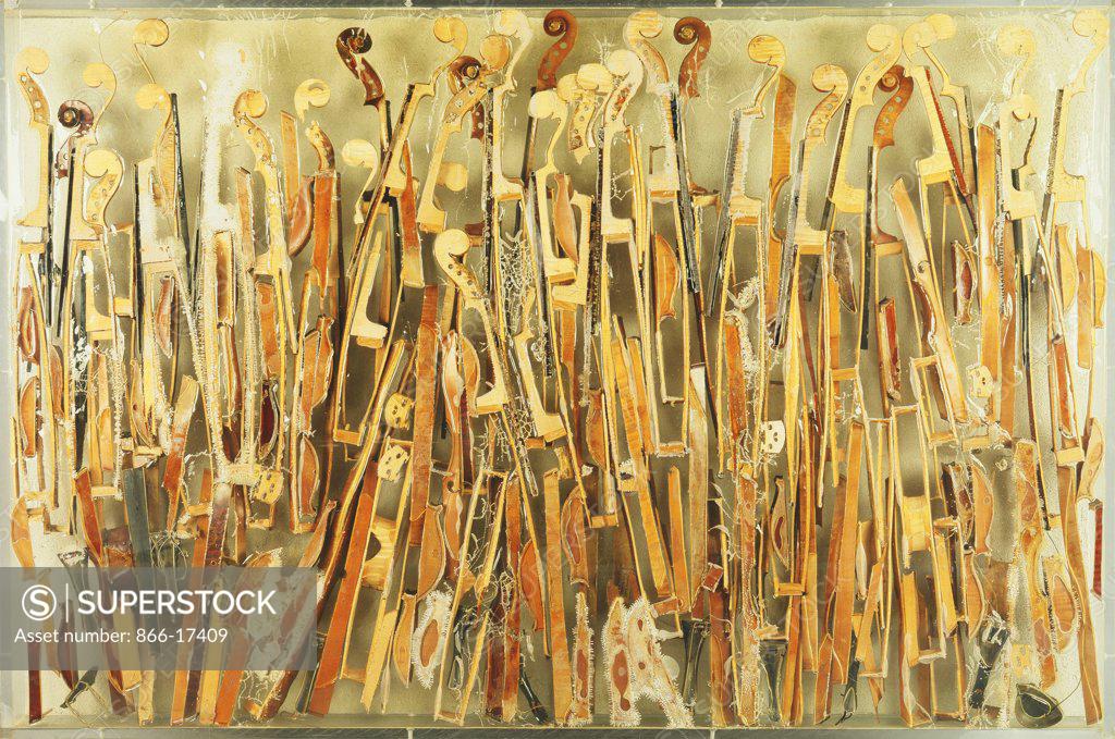 Stock Photo: 866-17409 Accumulation. Arman (Armand Fernandez), (1928-2005). Broken violins in Plexiglas. 100 x 150 x 11cm.