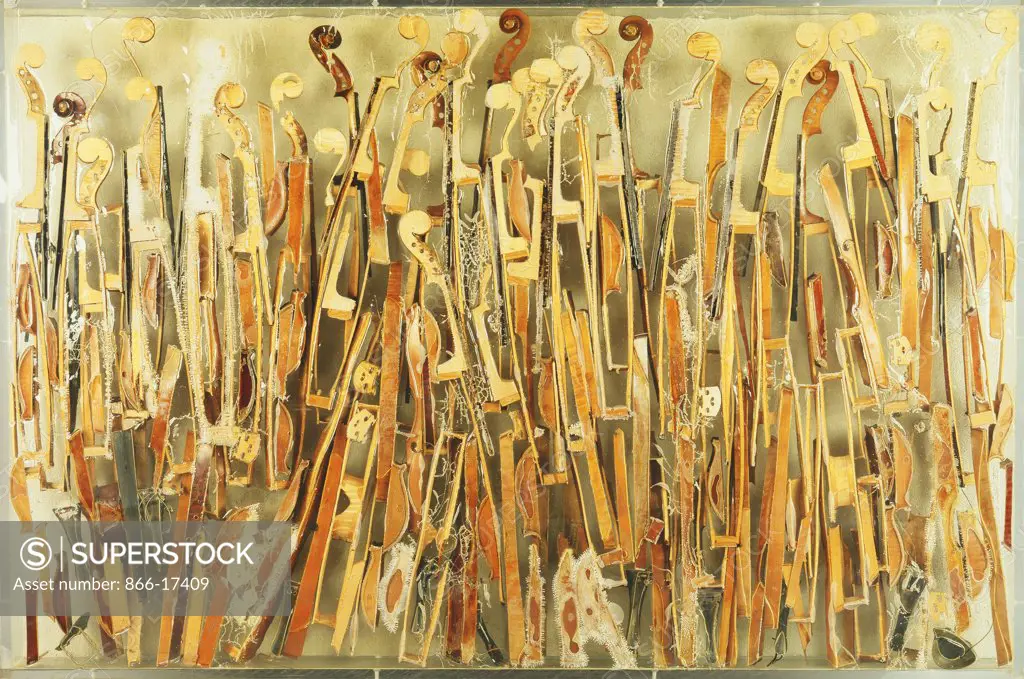 Accumulation. Arman (Armand Fernandez), (1928-2005). Broken violins in Plexiglas. 100 x 150 x 11cm.