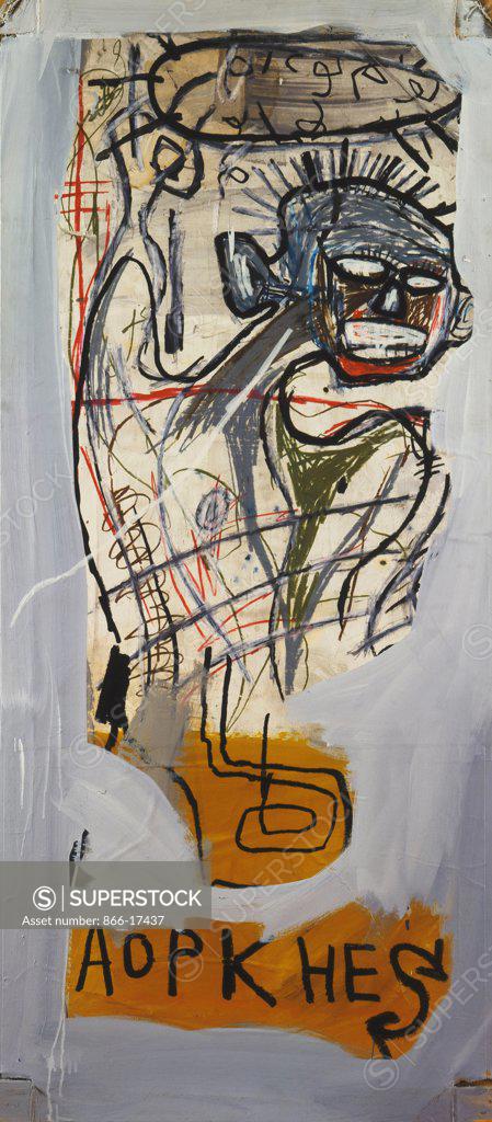 Stock Photo: 866-17437 Untitled (Aopkhes). Jean Michel Basquiat (1960-1988). Acrylic, oilstick and paper collage on canvas on wood supports. Executed in 1982. 184 x 91cm.