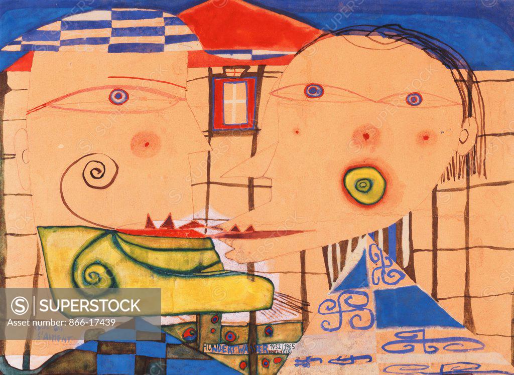 Stock Photo: 866-17439 Those Who Love Themselves; Ceux Qui S'aiment. Friedensreich Hundertwasser (1928-2000). Egg and polyvinyl on paper. Executed 1952/1965. 36 x 50cm.