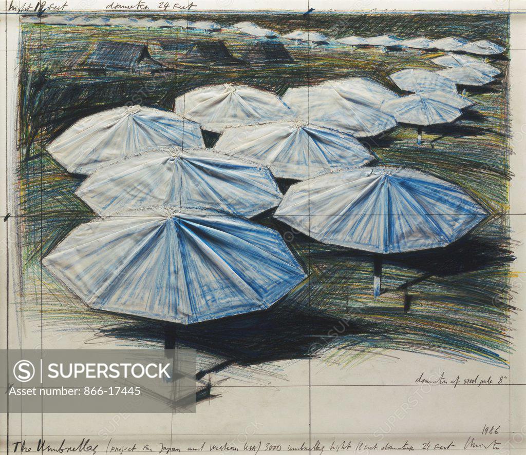 Stock Photo: 866-17445 the umbrellas (Project for Japan and Western USA). Christo (b.1935). Coloured pencils, charcoal and fabric collage on board. executed 1986. 68 x 78cm.