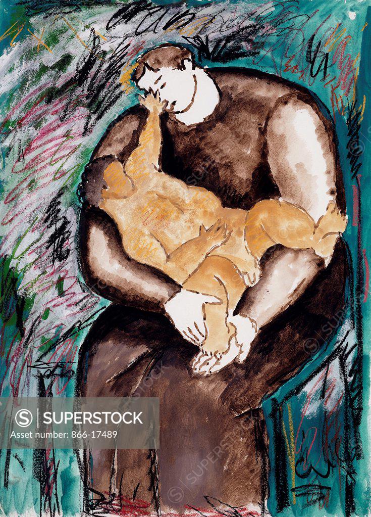 Stock Photo: 866-17489 Father and Son. Sandro Chia (born 1946). Watercolour, gouache and crayon on paper. Executed in 1981. 70 x 50.5cm.