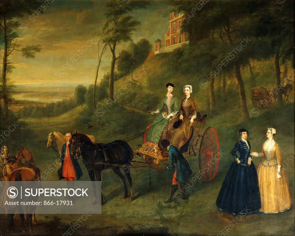 Ladies and Maids of Honour in Greenwich Park: A Group Portrait of Juliana, Duchess of Leeds, Lady Charlotte Hamilton, Lady Isabella Tufton and Henrietta, Countess of Pomfret, all Wearing Riding Habits, with Groom and Horses in front of the Observatory. Charles Phillips (1708-1747). Oil on canvas. Dated May 16 1730. 91.4 x 114.3cm