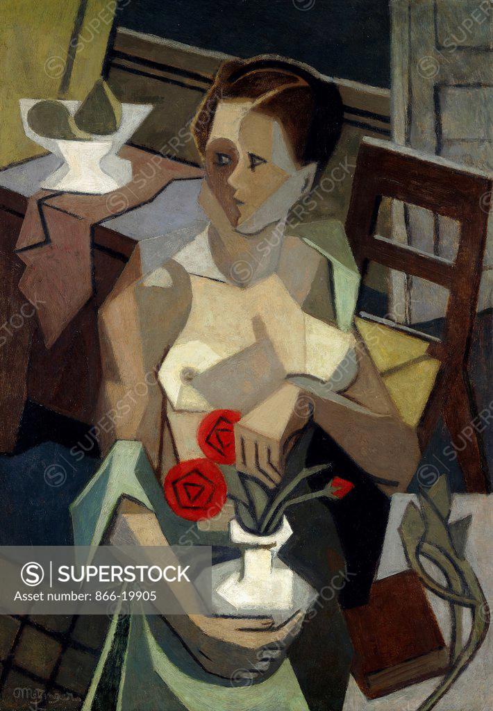 Stock Photo: 866-19905 Woman and Vase of Roses; Femme et Vase de Roses. Jean Metzinger (1883-1956). Oil on canvas. Painted in 1919. 92.1 x 65.3cm.