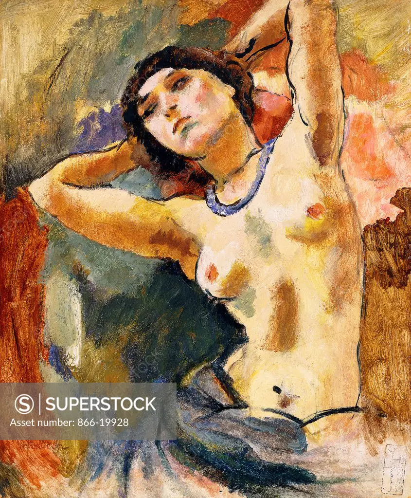 Nude (Brunette with Blue Necklace); Nu (La Brune au Collier Bleu). Jules Pascin (1885-1930). Oil on canvas. Painted in 1922. 47 x 55cm