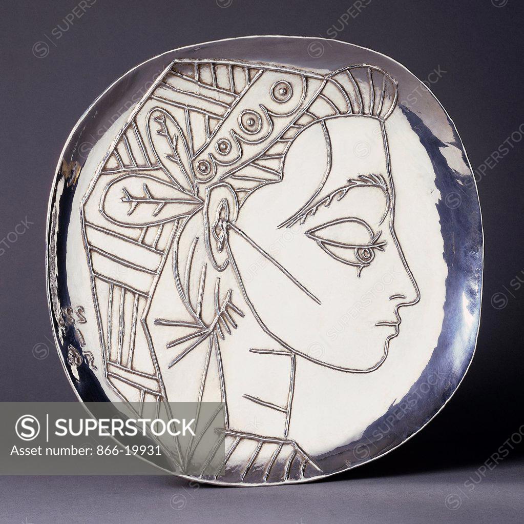 Stock Photo: 866-19931 Jacqueline in Profile; Profil de Jacqueline. Pablo Picasso (1881-1973). Silver Plate. Stamped, numbered and dated 12/20 22.1.56. 40cm diameter