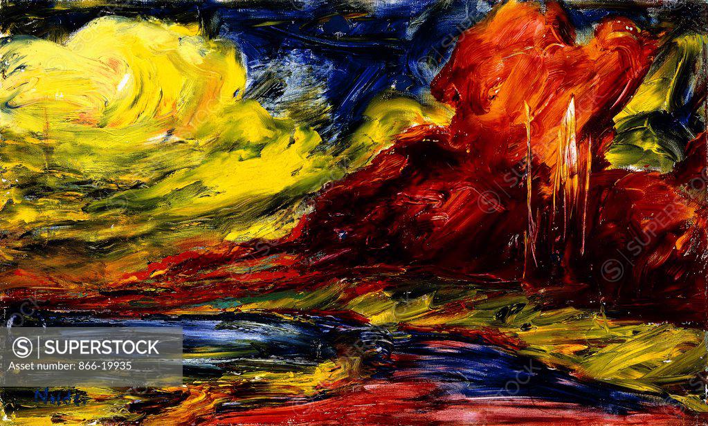 Stock Photo: 866-19935 Beach in Autumn I; Strand im Herbst I. Emil Nolde (1867-1956). Oil on canvas. Painted in 1910. 39 x 65cm. The artist spent four months on the island of Alsen off the North coast of Germany where many seascapes and coastal views including this picture were completed.