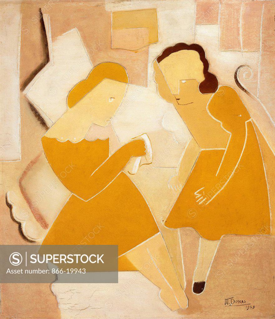 Stock Photo: 866-19943 Two Girls; Deux Fillettes. Marthe Donas (1885-1967). Oil on canvas with plaster relief laid on board. Executed in 1948. 50 x 44cm