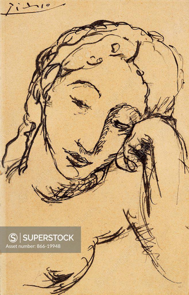 Stock Photo: 866-19948 La Belle Fernande. Pablo Picasso (1881-1973). Pen and black ink on buff paper. Drawn Aug-Sept 1906. 18.5 x 12cm. Picasso met Fernande Olivier in Paris in 1904 and she soon became his muse and companion for the next six years.