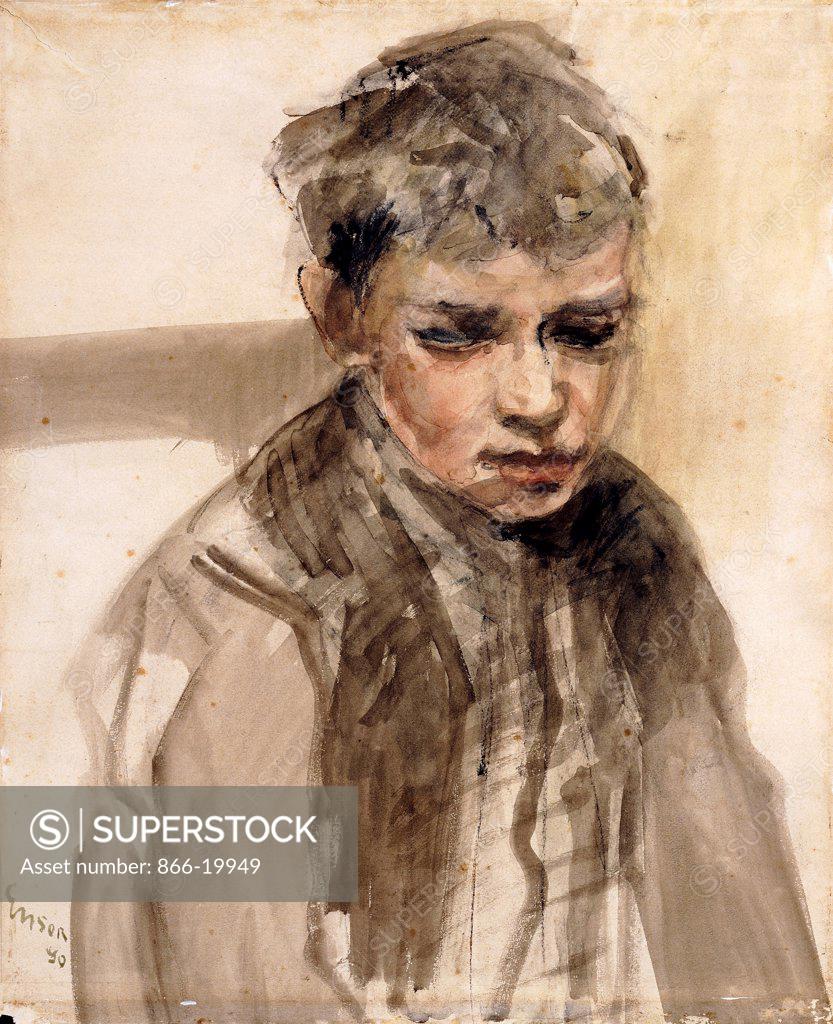 Stock Photo: 866-19949 Study of a Young Boy; Etude de Jeune Garcon.  James Ensor (1860-1949). Charcoal, watercolour and grey wash on paper. Executed in 1890. 56.6 x 47cm