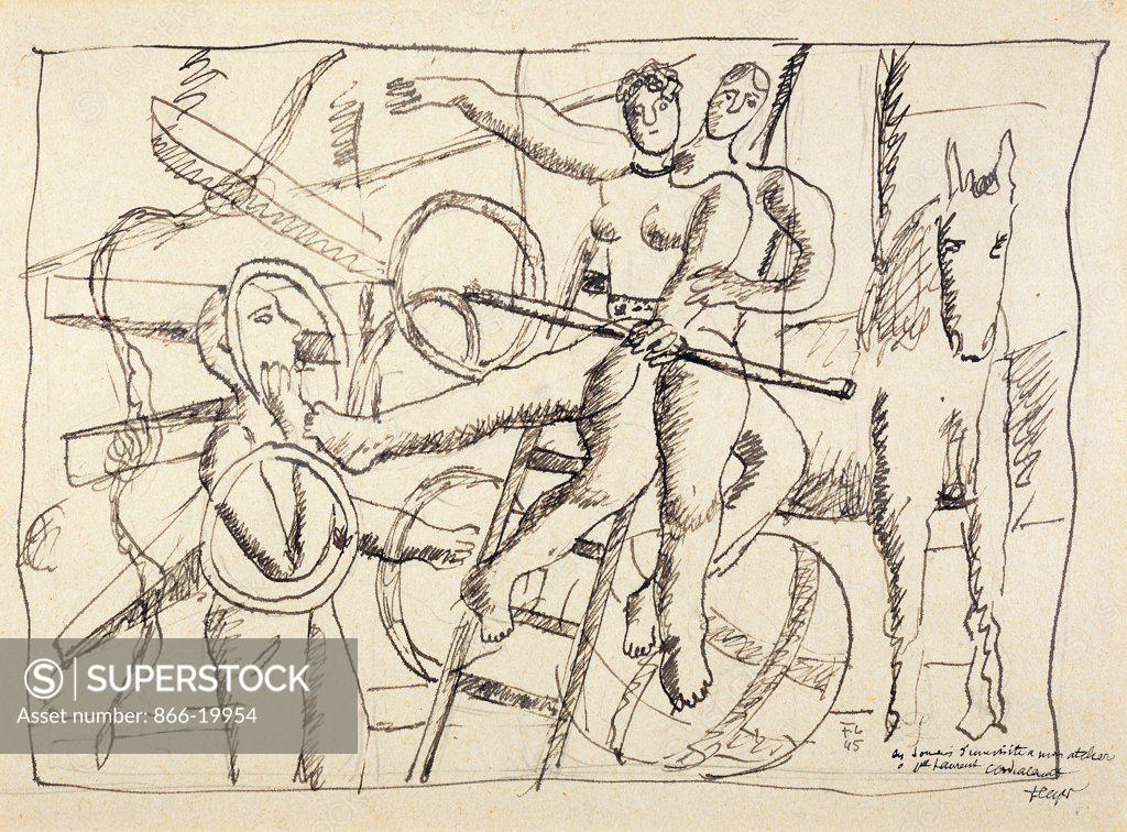 Stock Photo: 866-19954 The Juggler and the Trapeze Artists; Le Jongleur et les Trapezistes. Fernand Leger (1881-1955). Brush and ink on paper. Executed in 1945. 21.5 x 29cm