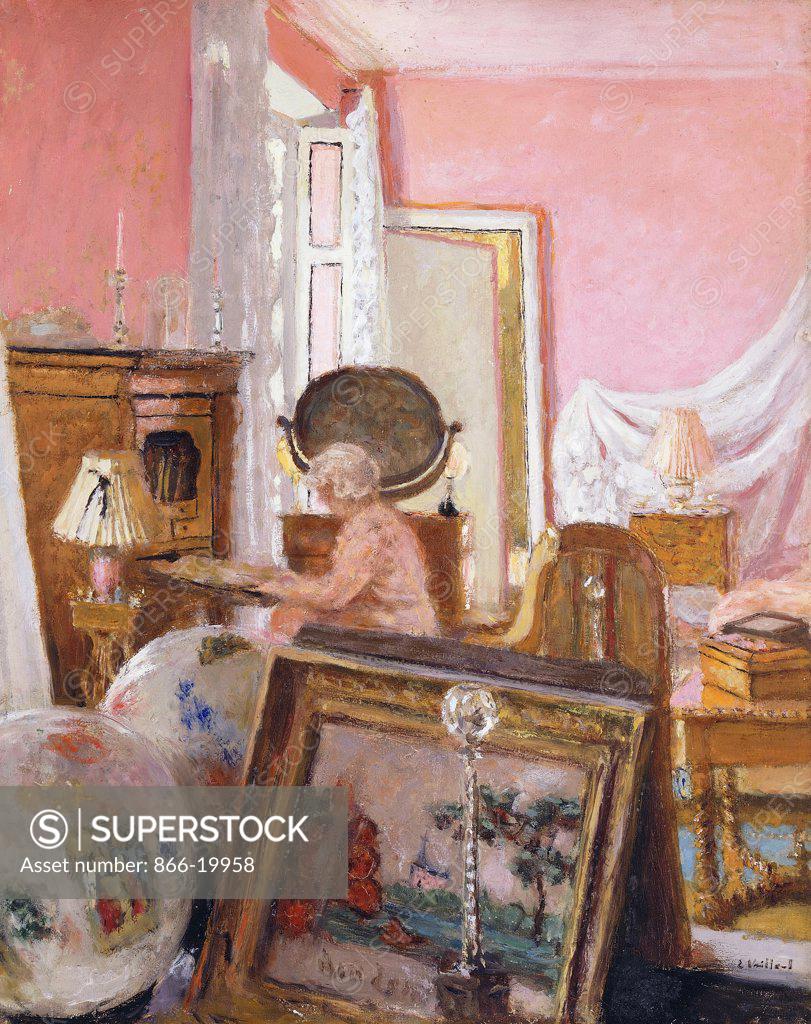 Stock Photo: 866-19958 Madam Hessel in her bedroom at Chateau Clayes; Madame Hessel dans sa Chambre au Chateau des Clayes. Edouard Vuillard (1868-1940). Oil on panel. Painted circa 1930. 41 x 32cm.