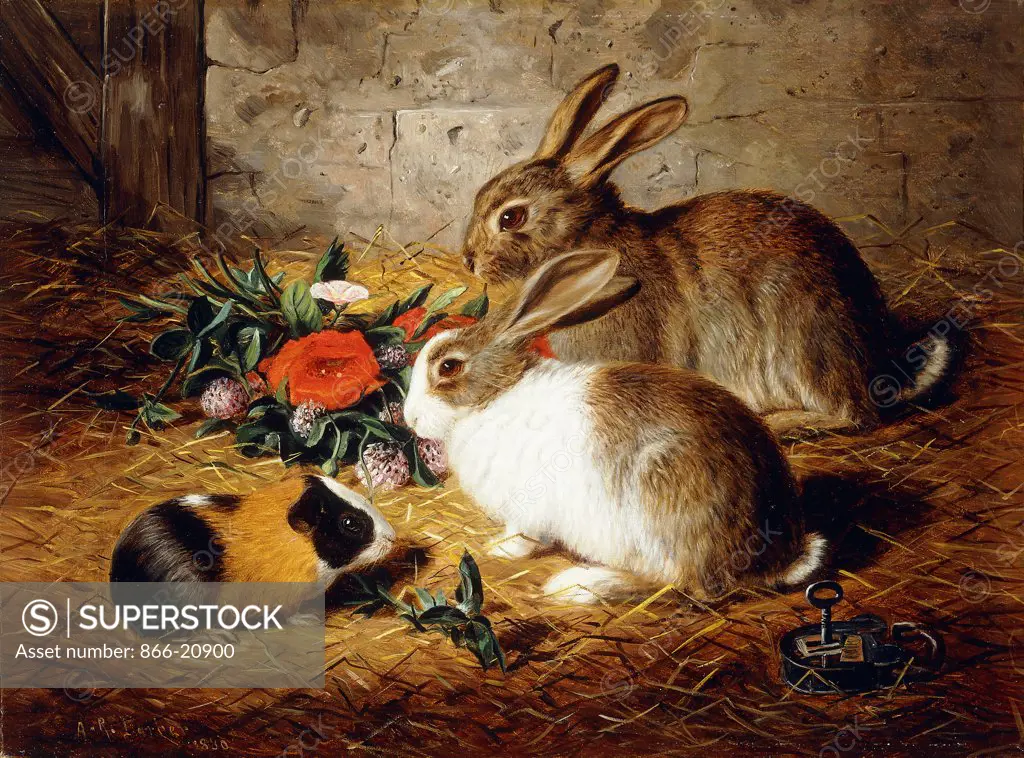 Escaped: Two Rabbits and Guinea Pig. Alfred R. Barber (active 1879-1893). Oil on canvas. Painted in 1880. 35.5 x 48.5cm.