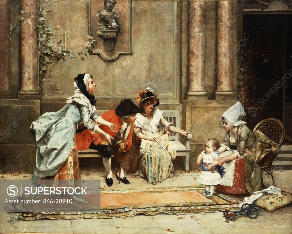 Stock Photo: 866-20910 The First Steps. Emile Auguste Pinchart (1842-1924). Oil on canvas. 64.8 x 81.5cm.