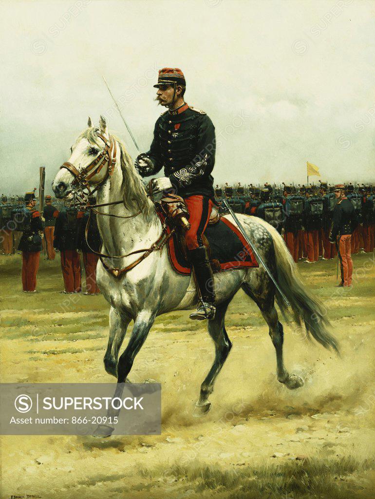 Stock Photo: 866-20915 A Cavalry Officer Passing Troops. Jean Baptiste Edouard Detaille (1848-1912). Oil on canvas laid down on board. Signed and dated 1885. 54.6 x 41.6cm.