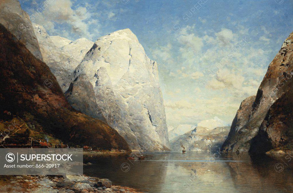 Stock Photo: 866-20917 A Norweigan Fjord. Julius Rose (1828-1911). Oil on canvas. Signed and dated 1891. 71 x 106.7cm.