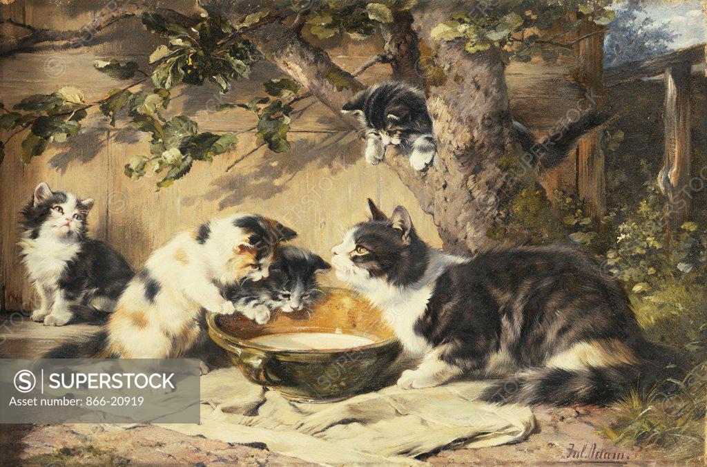 Stock Photo: 866-20919 The Bowl of Milk. Julius Adam (1852-1913). Oil on canvas. 21.3 x 32cm.
