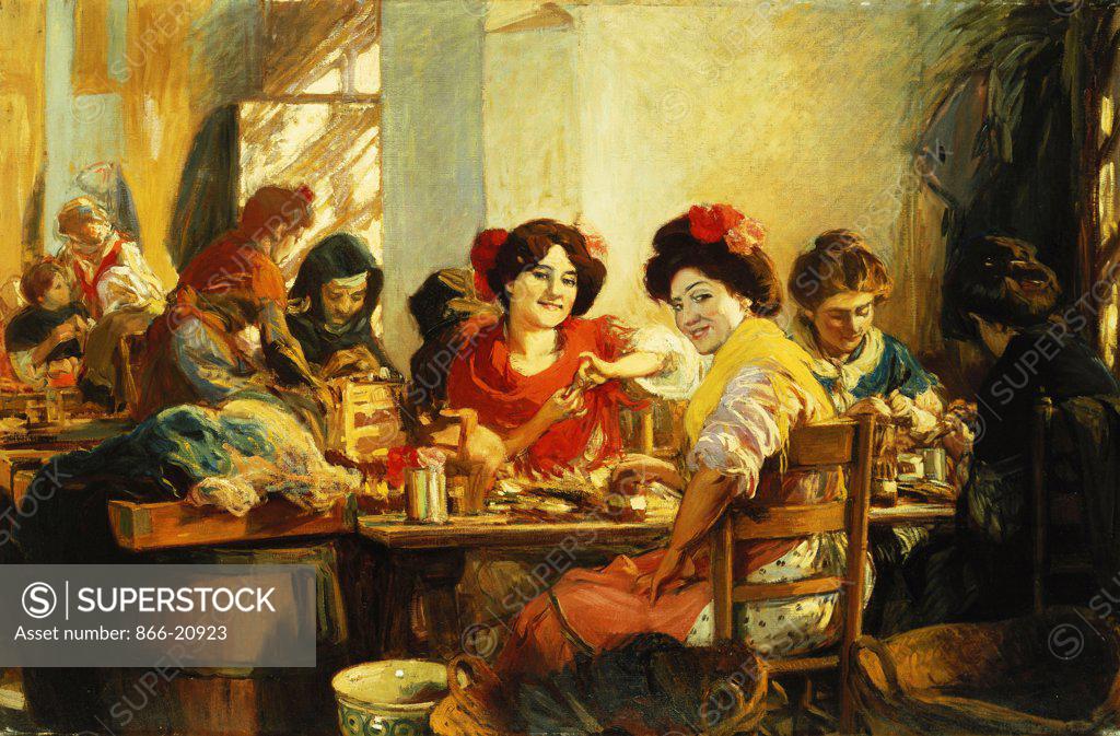 Stock Photo: 866-20923 The Cigarette Girls of Seville. Gonzalo Bilbao (1860-1938). Oil on canvas. 108 x 163.8cm.