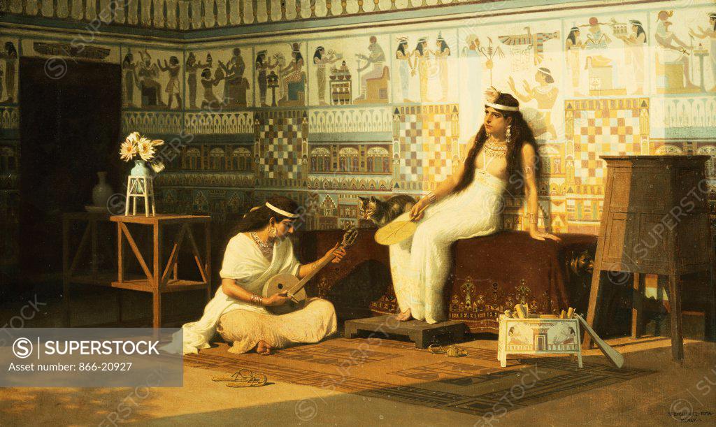 Stock Photo: 866-20927 An Egyptian Interior. Stephan Bakalowicz (1857-1947). Oil on canvas. Signed and dated 1915. 42.5 x 69.8cm.