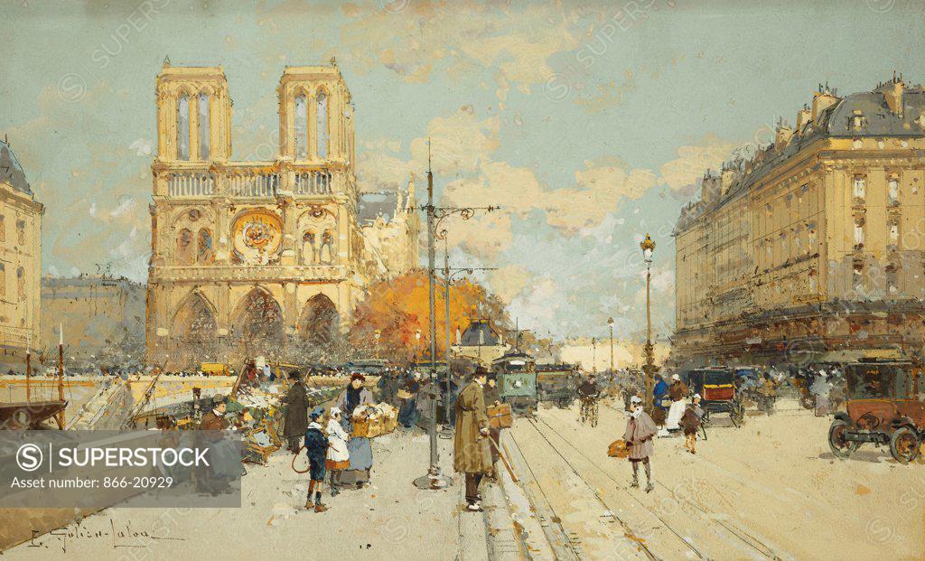 Stock Photo: 866-20929 Figures on a Sunny Parisian Street, Notre Dame at left. Eugene Galien-Laloue (1854-1941). Gouache and black chalk. 19.2 x 31.4cm.